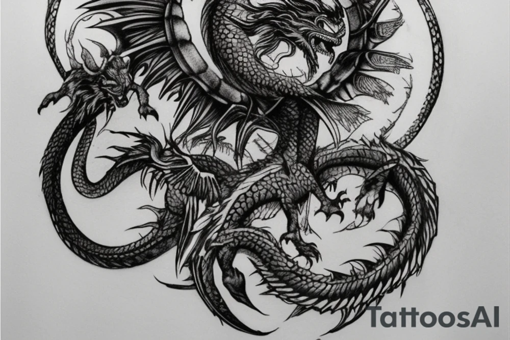 tattoo, drawing on paper, sketch, chimera,big , dragons wings, lions mane, crystal ball, shaman, dark, vertical, horns, dragons claws, shadow, snake tail, trippy, crystal ball at bottom, feet on crystal ball, tribal, black and white, big black wings, high quality, good design, artist, interesting, thoughtful, dragon scales, totem pole shape, vertically stacked, realistic, meditate, full image tattoo idea