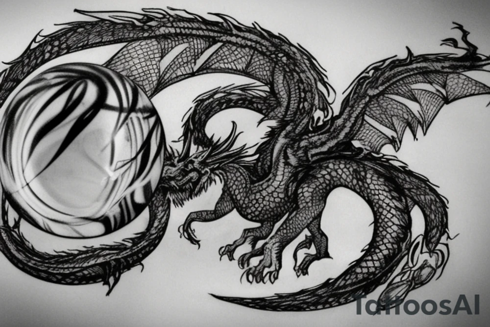 tattoo, drawing on paper, sketch, chimera,big , dragons wings, lions mane, crystal ball, shaman, dark, vertical, horns, dragons claws, shadow, snake tail, trippy, crystal ball at bottom, feet on crystal ball, tribal, black and white, big black wings, high quality, good design, artist, interesting, thoughtful, dragon scales, totem pole shape, vertically stacked, realistic, meditate, full image tattoo idea
