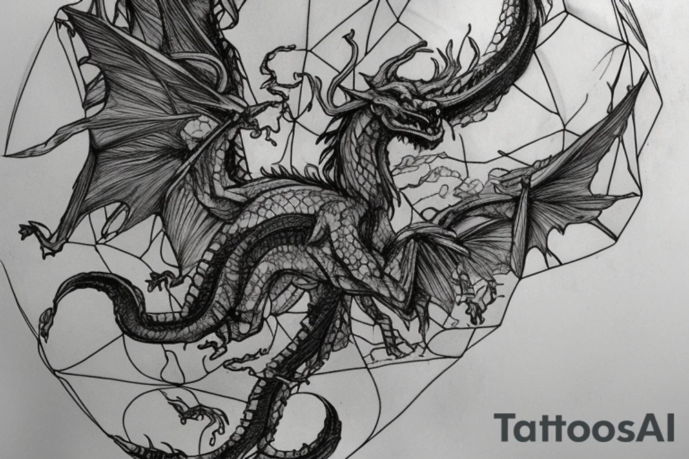 tattoo, drawing on paper, sketch, chimera,big , dragons wings, lions mane, crystal ball, shaman, dark, vertical, horns, dragons claws, shadow, snake tail, trippy, crystal ball at bottom, feet on crystal ball, tribal, black and white, big black wings, high quality, good design, artist, interesting, thoughtful, dragon scales, totem pole shape, vertically stacked, meditate, full image tattoo idea