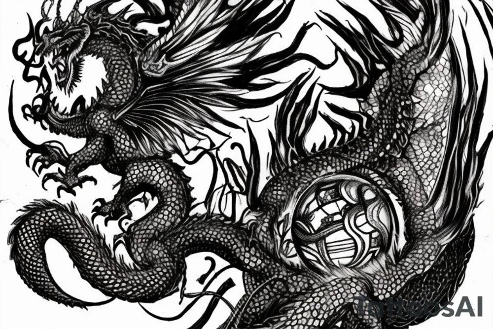 tattoo, drawing on paper, sketch, chimera,big , dragons wings, lions mane, crystal ball, shaman, dark, vertical, horns, dragons claws, shadow, snake tail, trippy, crystal ball at bottom, feet on crystal ball, tribal, black and white, big black wings, high quality, good design, artist, interesting, thoughtful, dragon scales, totem pole shape, vertically stacked, meditate, full image tattoo idea