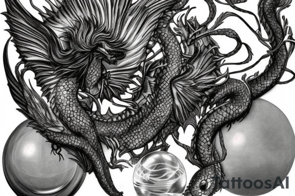 tattoo, drawing on paper, sketch, chimera,big , dragons wings, lions mane, crystal ball, shaman, dark, vertical, horns, dragons claws, shadow, snake tail, trippy, crystal ball at bottom, feet on crystal ball, tribal, black and white, big black wings, high quality, good design, artist, interesting, thoughtful, dragon scales, totem pole shape, vertically stacked, meditate, full image tattoo idea