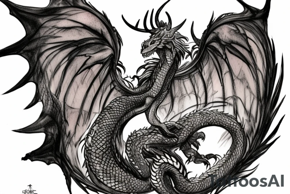 tattoo, drawing on paper, sketch, chimera,big , dragons wings, lions mane, crystal ball, shaman, dark, vertical, horns, dragons claws, shadow, snake tail, trippy, crystal ball at bottom, feet on crystal ball, tribal, black and white, big black wings, high quality, good design, artist, interesting, thoughtful, dragon scales, totem pole shape, vertically stacked, meditate, full image tattoo idea