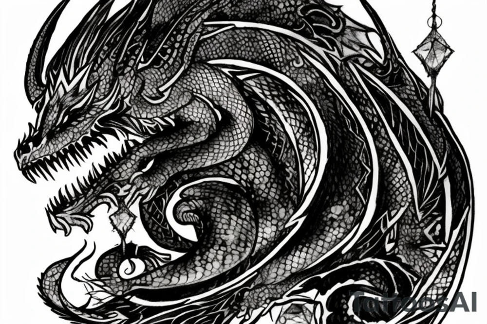 tattoo, drawing on paper, sketch, chimera,big , dragons wings, lions mane, crystal ball, shaman, dark, vertical, horns, dragons claws, shadow, snake tail, trippy, crystal ball at bottom, feet on crystal ball, tribal, black and white, big black wings, high quality, good design, artist, interesting, thoughtful, dragon scales, totem pole shape, vertically stacked, meditate, full image tattoo idea