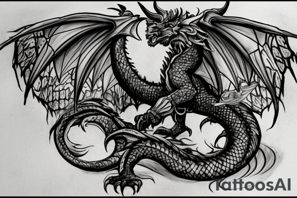 tattoo, drawing on paper, sketch, chimera,big , dragons wings, lions mane, crystal ball, shaman, dark, vertical, horns, dragons claws, shadow, snake tail, trippy, crystal ball at bottom, feet on crystal ball, tribal, black and white, big black wings, high quality, good design, artist, interesting, thoughtful, dragon scales, totem pole shape, vertically stacked, meditate, full image tattoo idea