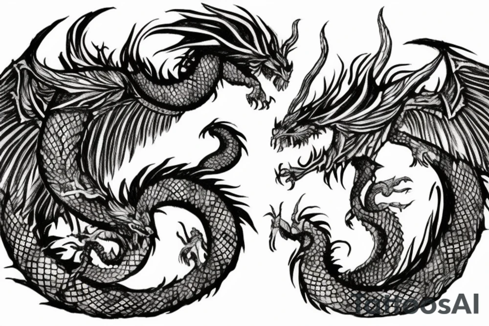 tattoo, drawing on paper, sketch, chimera,big , dragons wings, lions mane, crystal ball, shaman, dark, vertical, horns, dragons claws, shadow, snake tail, trippy, crystal ball at bottom, feet on crystal ball, tribal, black and white, big black wings, high quality, good design, artist, interesting, thoughtful, dragon scales, totem pole shape, vertically stacked, meditate, full image tattoo idea