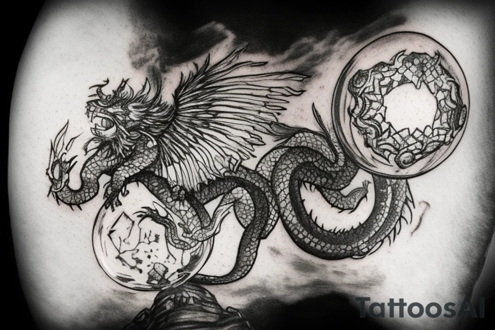 tattoo, drawing on paper, sketch, chimera,big , dragons wings, lions mane, crystal ball, shaman, dark, vertical, horns, dragons claws, shadow, snake tail, trippy, crystal ball at bottom, feet on crystal ball, tribal, black and white, big black wings, high quality, good design, artist, interesting, thoughtful, dragon scales, totem pole shape, vertically stacked, meditate, full image tattoo idea