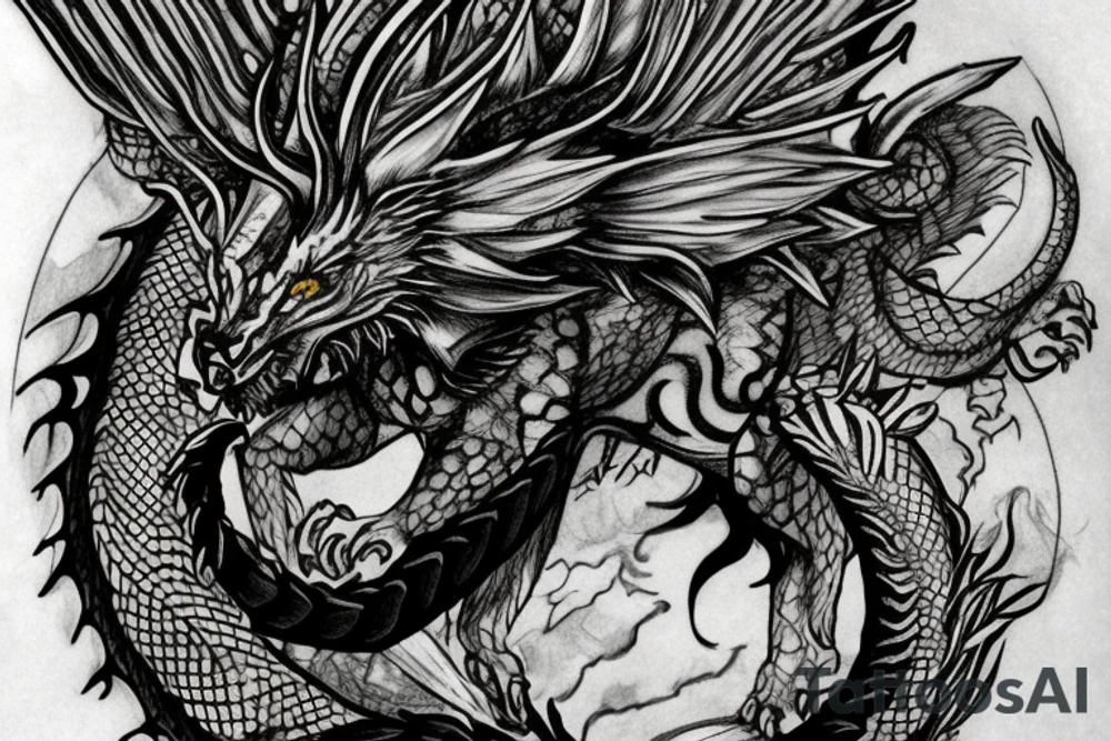 tattoo, drawing on paper, sketch, chimera,big , dragons wings, lions mane, crystal ball, shaman, dark, vertical, horns, dragons claws, shadow, snake tail, trippy, crystal ball at bottom, feet on crystal ball, tribal, black and white, big black wings, high quality, good design, artist, interesting, thoughtful, dragon scales, totem pole shape, vertically stacked, meditate, full image tattoo idea