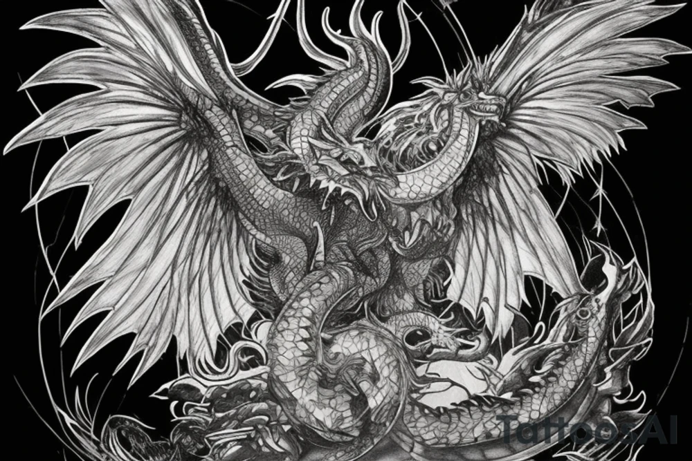 tattoo, drawing on paper, sketch, chimera,big , dragons wings, lions mane, crystal ball, shaman, dark, vertical, horns, dragons claws, shadow, snake tail, trippy, crystal ball at bottom, feet on crystal ball, tribal, black and white, big black wings, high quality, good design, artist, interesting, thoughtful, dragon scales, totem pole shape, vertically stacked, meditate, full image tattoo idea