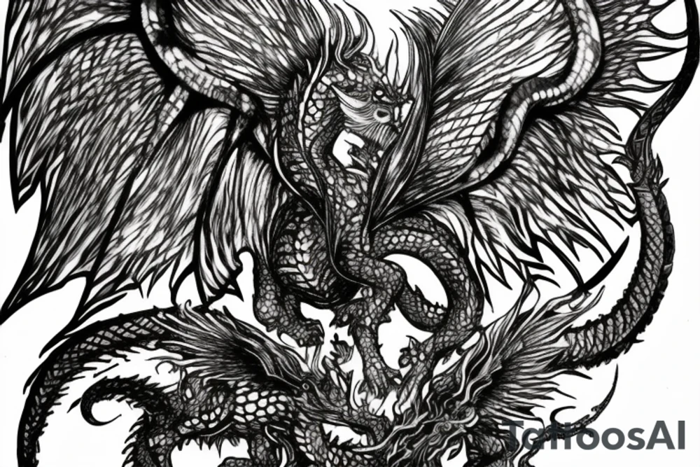 tattoo, drawing on paper, sketch, chimera,big , dragons wings, lions mane, crystal ball, shaman, dark, vertical, horns, dragons claws, shadow, snake tail, trippy, crystal ball at bottom, feet on crystal ball, tribal, black and white, big black wings, high quality, good design, artist, interesting, thoughtful, dragon scales, totem pole shape, vertically stacked, meditate, full image tattoo idea