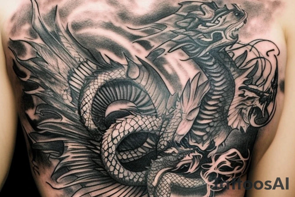 tattoo, drawing on paper, sketch, chimera,big , dragons wings, lions mane, crystal ball, shaman, dark, vertical, horns, dragons claws, shadow, snake tail, trippy, crystal ball at bottom, feet on crystal ball, tribal, black and white, big black wings, high quality, good design, artist, interesting, thoughtful, dragon scales, totem pole shape, vertically stacked, meditate, full image tattoo idea