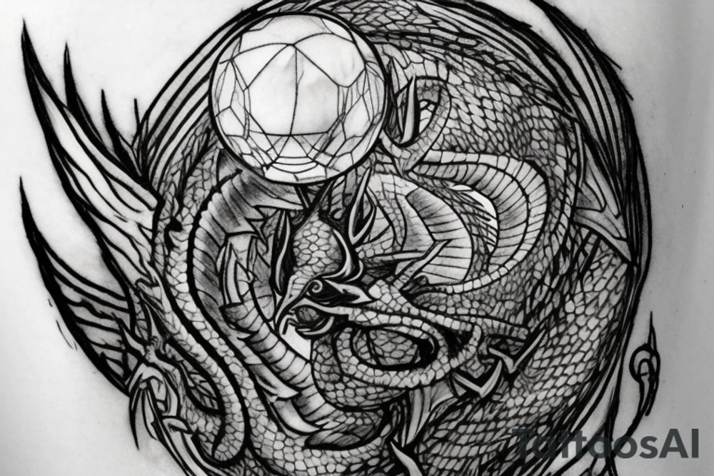 tattoo, drawing on paper, sketch, chimera,big , dragons wings, lions mane, crystal ball, shaman, dark, vertical, horns, dragons claws, shadow, snake tail, trippy, crystal ball at bottom, feet on crystal ball, tribal, black and white, big black wings, high quality, good design, artist, interesting, thoughtful, dragon scales, totem pole shape, vertically stacked, meditate, full image tattoo idea