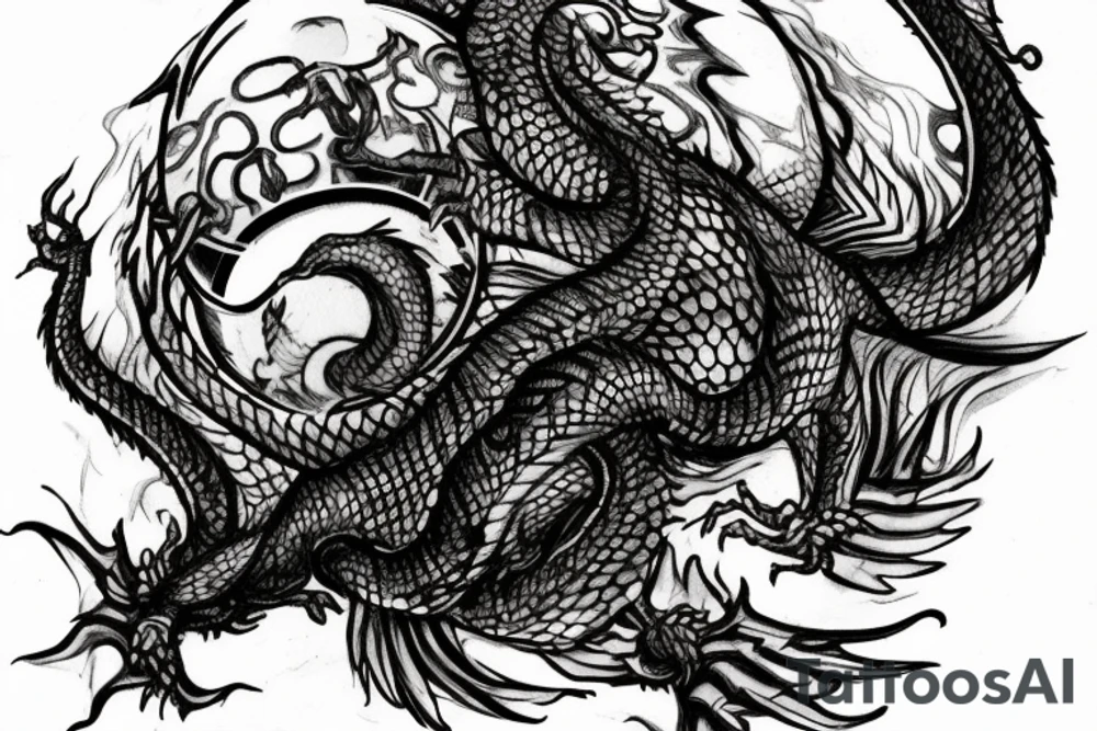 tattoo, drawing on paper, sketch, chimera,big , dragons wings, lions mane, crystal ball, shaman, dark, vertical, horns, dragons claws, shadow, snake tail, trippy, crystal ball at bottom, feet on crystal ball, tribal, black and white, big black wings, high quality, good design, artist, interesting, thoughtful, dragon scales, totem pole shape, vertically stacked, meditate, full image tattoo idea