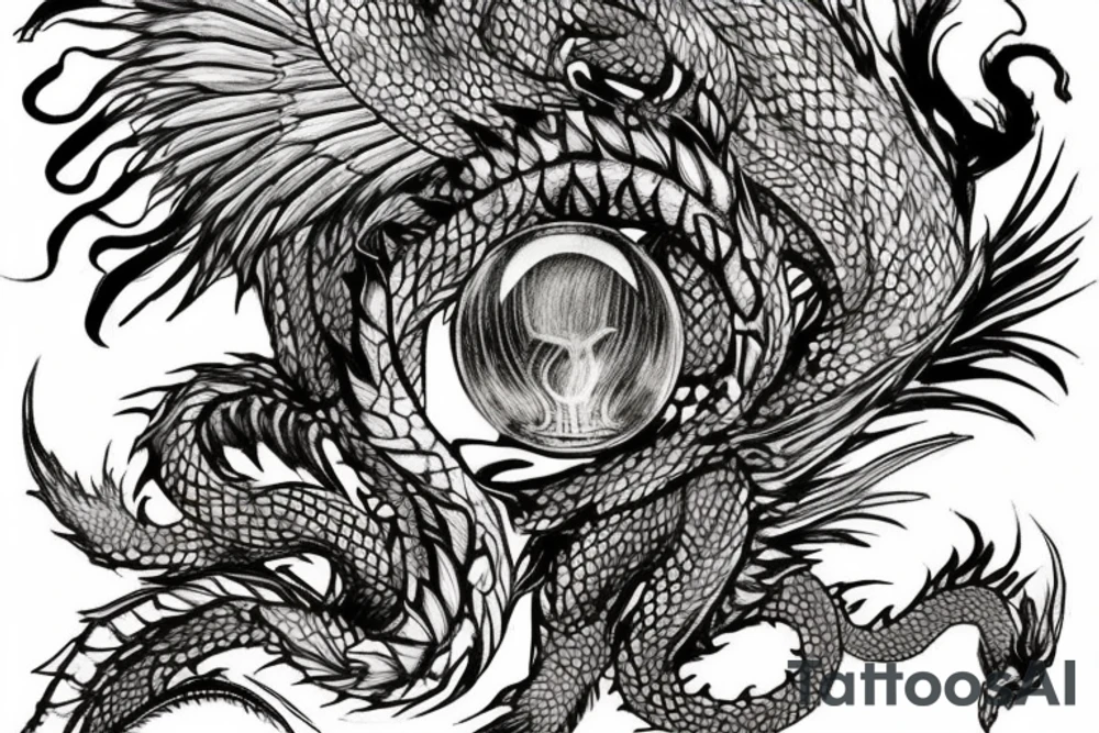 tattoo, drawing on paper, sketch, chimera,big , dragons wings, lions mane, crystal ball, shaman, dark, vertical, horns, dragons claws, shadow, snake tail, trippy, crystal ball at bottom, feet on crystal ball, tribal, black and white, big black wings, high quality, good design, artist, interesting, thoughtful, dragon scales, totem pole shape, vertically stacked, meditate, full image tattoo idea