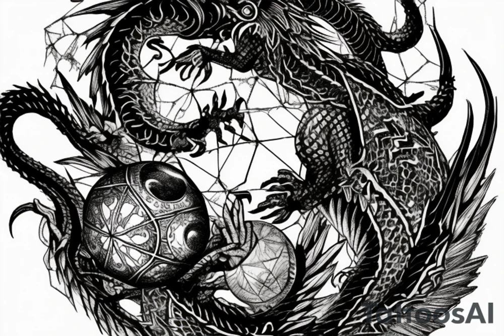 tattoo, drawing on paper, sketch, chimera,big , dragons wings, lions mane, crystal ball, shaman, dark, vertical, horns, dragons claws, shadow, snake tail, trippy, crystal ball at bottom, feet on crystal ball, tribal, black and white, big black wings, high quality, good design, artist, interesting, thoughtful, dragon scales, totem pole shape, vertically stacked, meditate, full image tattoo idea