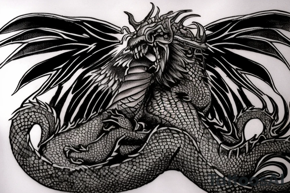 tattoo, drawing on paper, sketch, chimera,big , dragons wings, lions mane, crystal ball, shaman, dark, vertical, horns, dragons claws, shadow, snake tail, trippy, crystal ball at bottom, feet on crystal ball, tribal, black and white, big black wings, high quality, good design, artist, interesting, thoughtful, dragon scales, totem pole shape, vertically stacked, meditate, tattoo idea