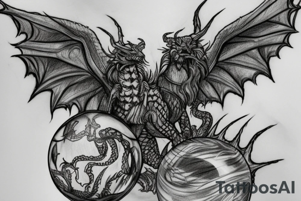 tattoo, drawing on paper, sketch, chimera,big , dragons wings, lions mane, crystal ball, shaman, dark, vertical, horns, dragons claws, shadow, snake tail, trippy, crystal ball at bottom, feet on crystal ball, tribal, black and white, big black wings, high quality, good design, artist, interesting, thoughtful, dragon scales, totem pole shape, vertically stacked, meditate, tattoo idea