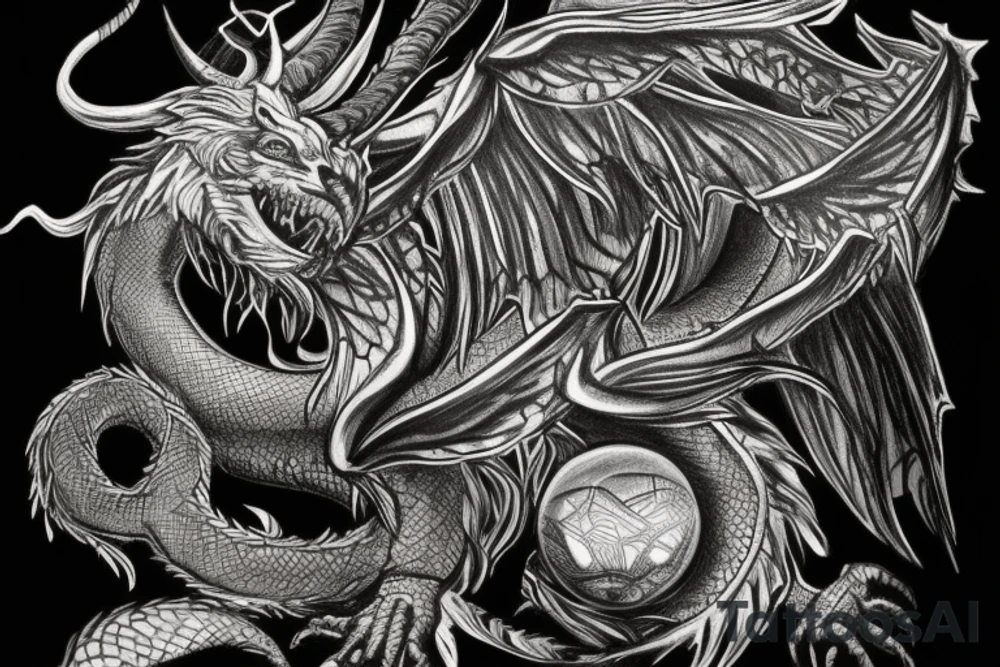 tattoo, drawing on paper, sketch, chimera,big , dragons wings, lions mane, crystal ball, shaman, dark, vertical, horns, dragons claws, shadow, snake tail, trippy, crystal ball at bottom, feet on crystal ball, tribal, black and white, big black wings, high quality, good design, artist, interesting, thoughtful, dragon scales, totem pole shape, vertically stacked, meditate, tattoo idea