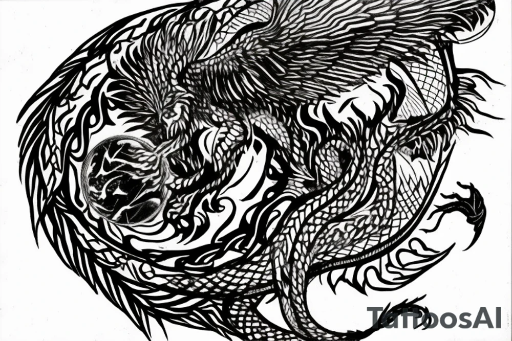 tattoo, drawing on paper, sketch, chimera,big , dragons wings, lions mane, crystal ball, shaman, dark, vertical, horns, dragons claws, shadow, snake tail, trippy, crystal ball at bottom, feet on crystal ball, tribal, black and white, big black wings, high quality, good design, artist, interesting, thoughtful, dragon scales, totem pole shape, vertically stacked, meditate, tattoo idea
