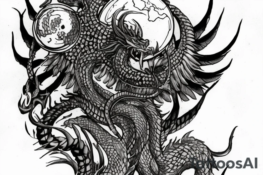 tattoo, drawing on paper, sketch, chimera,big , dragons wings, lions mane, crystal ball, shaman, dark, vertical, horns, dragons claws, shadow, snake tail, trippy, crystal ball at bottom, feet on crystal ball, tribal, black and white, big black wings, high quality, good design, artist, interesting, thoughtful, dragon scales, totem pole shape, vertically stacked, meditate, tattoo idea