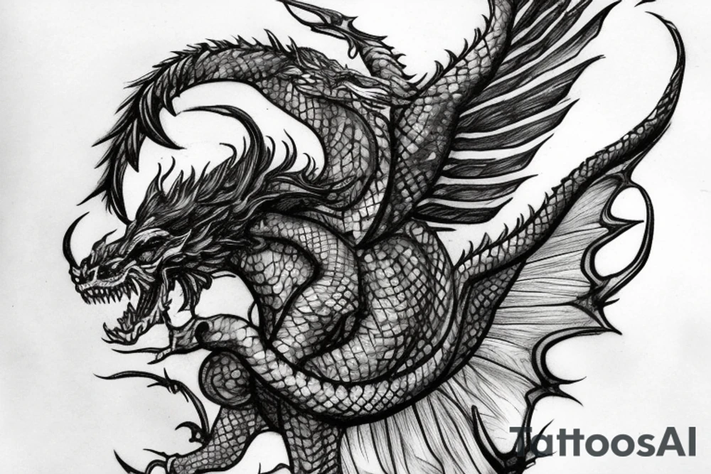 tattoo, drawing on paper, sketch, chimera,big , dragons wings, lions mane, crystal ball, shaman, dark, vertical, horns, dragons claws, shadow, snake tail, trippy, crystal ball at bottom, feet on crystal ball, tribal, black and white, big black wings, high quality, good design, artist, interesting, thoughtful, dragon scales, totem pole shape, vertically stacked, meditate, tattoo idea