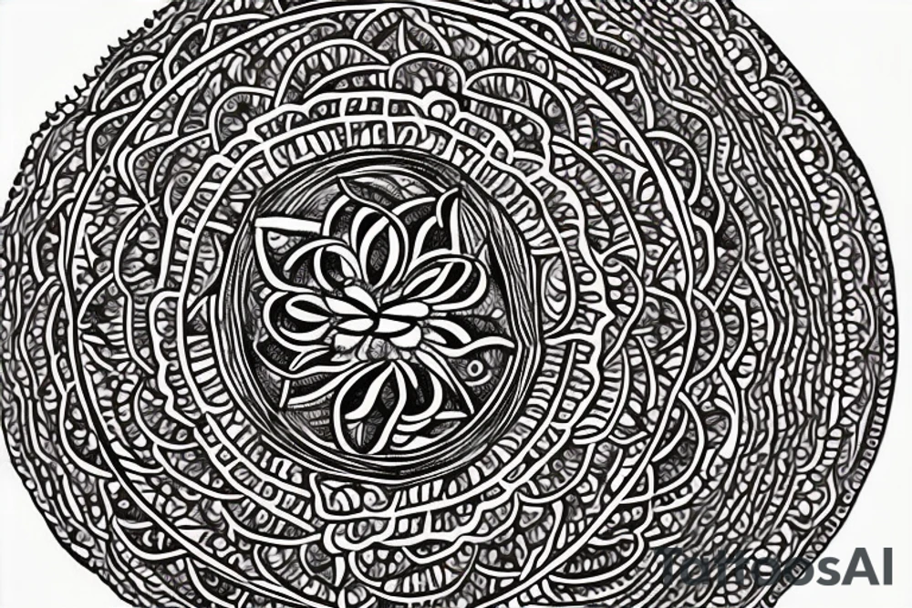 A mandala that symbolises my connectedness to the universe and my deep connection with my partner. Make the center of the mandala a lotus flower, surround the lotus flower with two entwined vines representing the connection with me and my partner, and then complete the mandala with a ring of interconnected circles, representing the interconnectedness of all life. tattoo idea