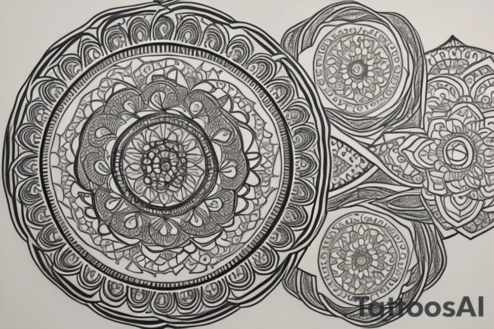 A mandala that symbolises my connectedness to the universe and my deep connection with my partner. Make the center of the mandala a lotus flower, surround the lotus flower with two entwined vines representing the connection with me and my partner, and then complete the mandala with a ring of interconnected circles, representing the interconnectedness of all life. tattoo idea