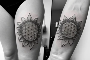 Sunflower tattoo with the flower of life symbol as the centrepiece. tattoo idea