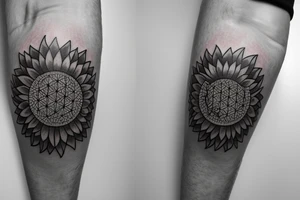 Sunflower tattoo with the flower of life symbol as the centrepiece. tattoo idea