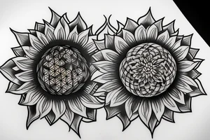 Sunflower tattoo with the flower of life symbol as the centrepiece. Mandala. tattoo idea