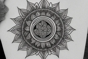 Sunflower tattoo with the flower of life symbol as the centrepiece. Mandala. tattoo idea