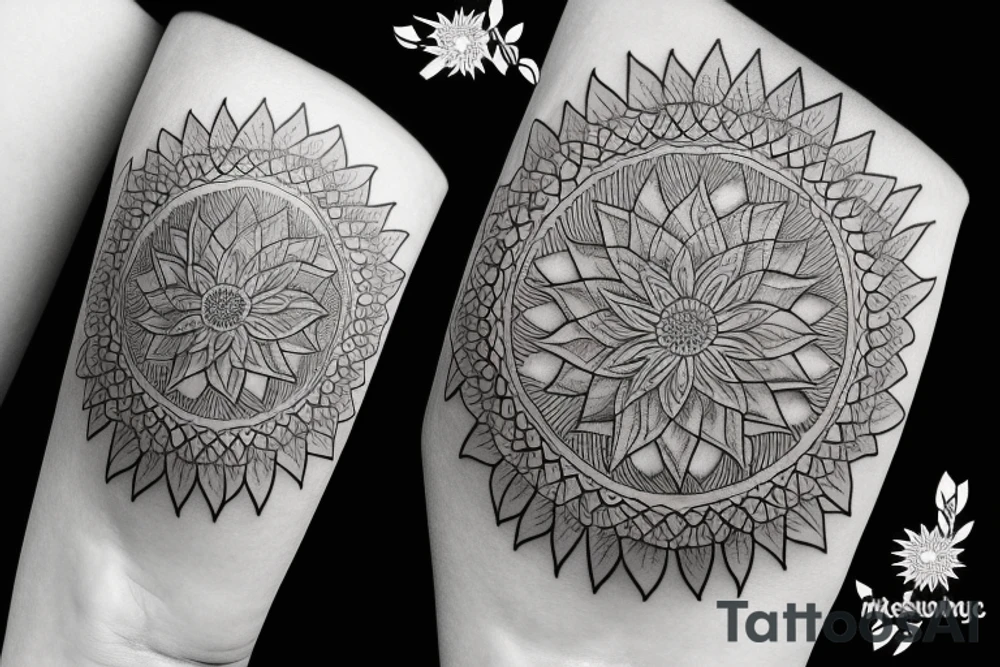Sunflower tattoo with the flower of life symbol as the centrepiece. Mandala. tattoo idea