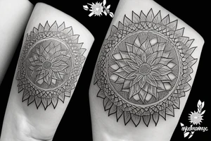 Sunflower tattoo with the flower of life symbol as the centrepiece. Mandala. tattoo idea