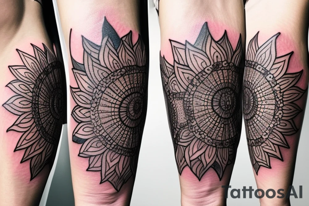 Sunflower tattoo with the flower of life symbol as the centrepiece. Mandala. tattoo idea