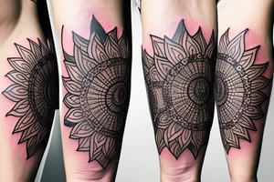 Sunflower tattoo with the flower of life symbol as the centrepiece. Mandala. tattoo idea