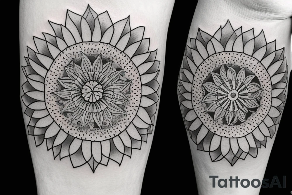 Sunflower tattoo with the flower of life symbol as the centrepiece. Mandala. tattoo idea