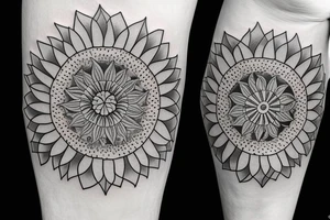 Sunflower tattoo with the flower of life symbol as the centrepiece. Mandala. tattoo idea