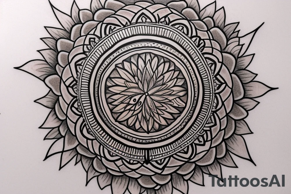 Sunflower tattoo with the flower of life symbol as the centrepiece. Mandala. tattoo idea