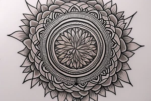 Sunflower tattoo with the flower of life symbol as the centrepiece. Mandala. tattoo idea