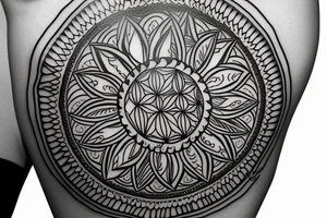 Sunflower tattoo with the flower of life symbol as the centrepiece. Mandala. tattoo idea