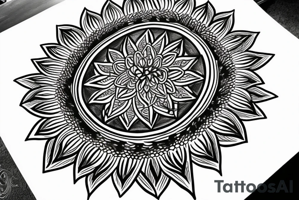Sunflower mandala with the flower of life symbol as the centrepiece. tattoo idea