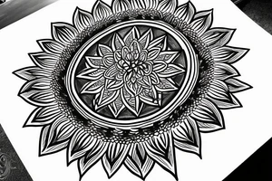 Sunflower mandala with the flower of life symbol as the centrepiece. tattoo idea