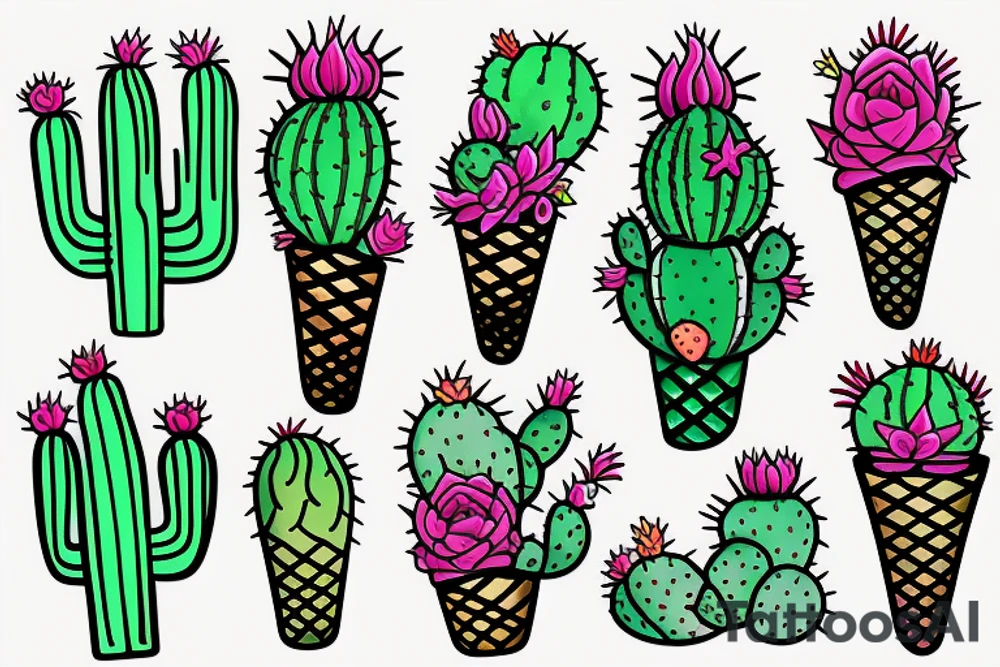 Colorful Cactus ice cream cone tattoo idea