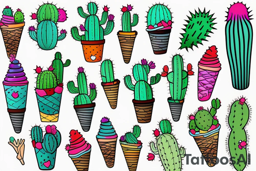 Colorful Cactus ice cream cone tattoo idea