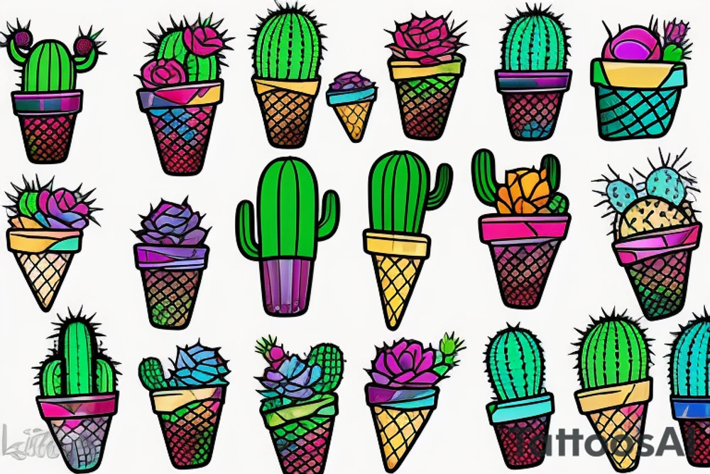 Colorful Cactus ice cream cone tattoo idea