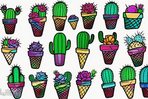 Colorful Cactus ice cream cone tattoo idea