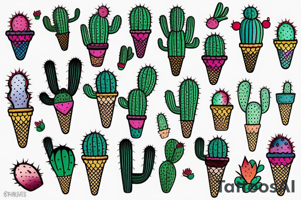 Colorful Cactus ice cream cone tattoo idea