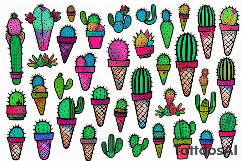 Colorful Cactus ice cream cone tattoo idea