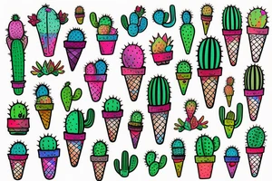 Colorful Cactus ice cream cone tattoo idea