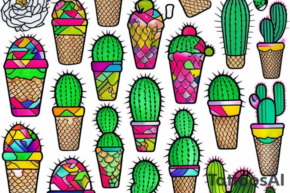 Colorful Cactus ice cream cone tattoo idea