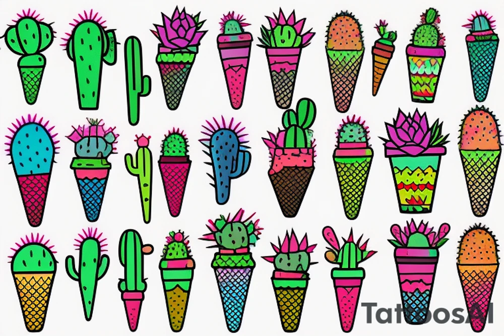 Colorful Cactus ice cream cone tattoo idea